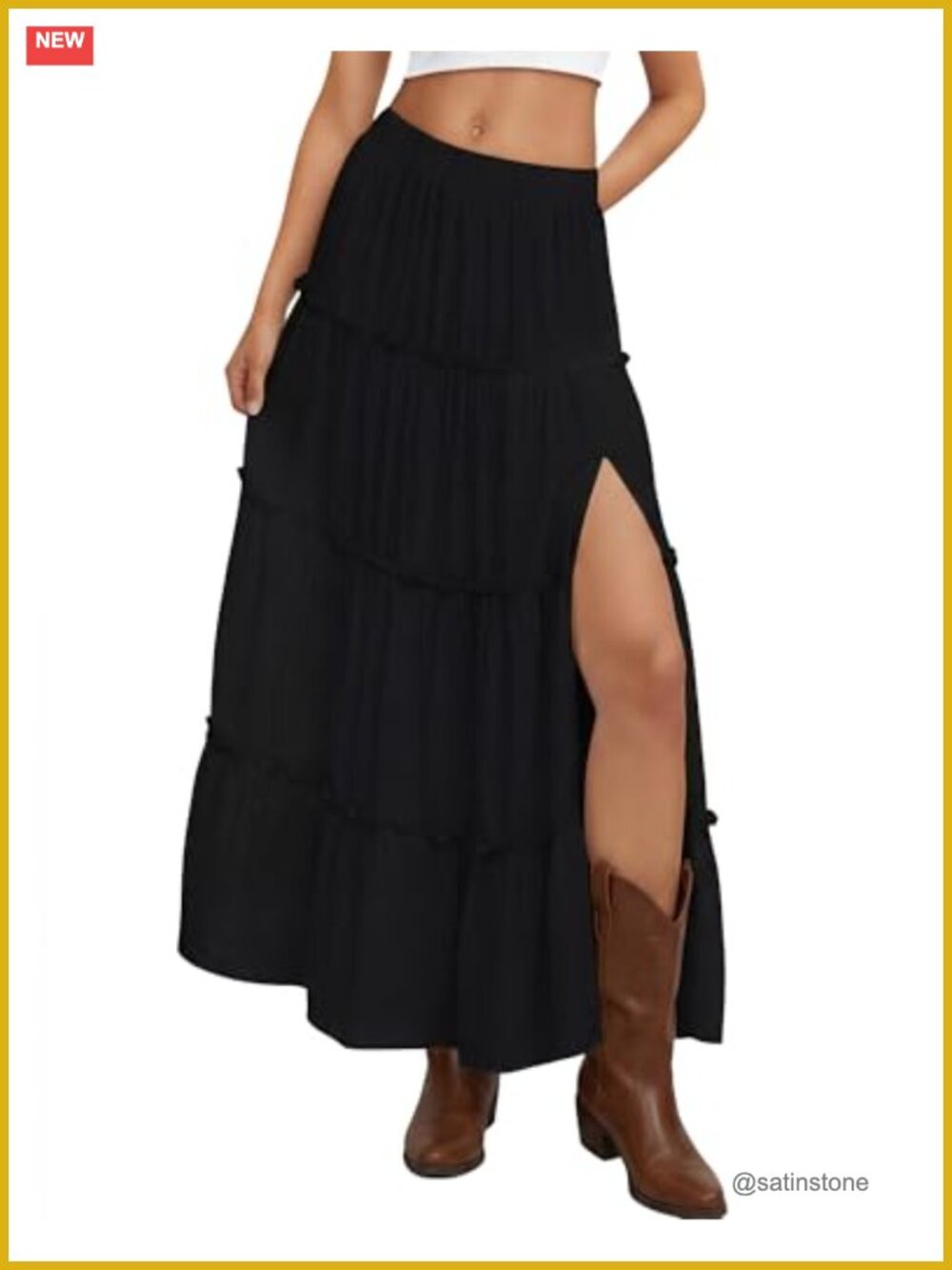 Womens Tiered Maxi Skirt Elastic Waist Flowy Boho Ruffle High Slit